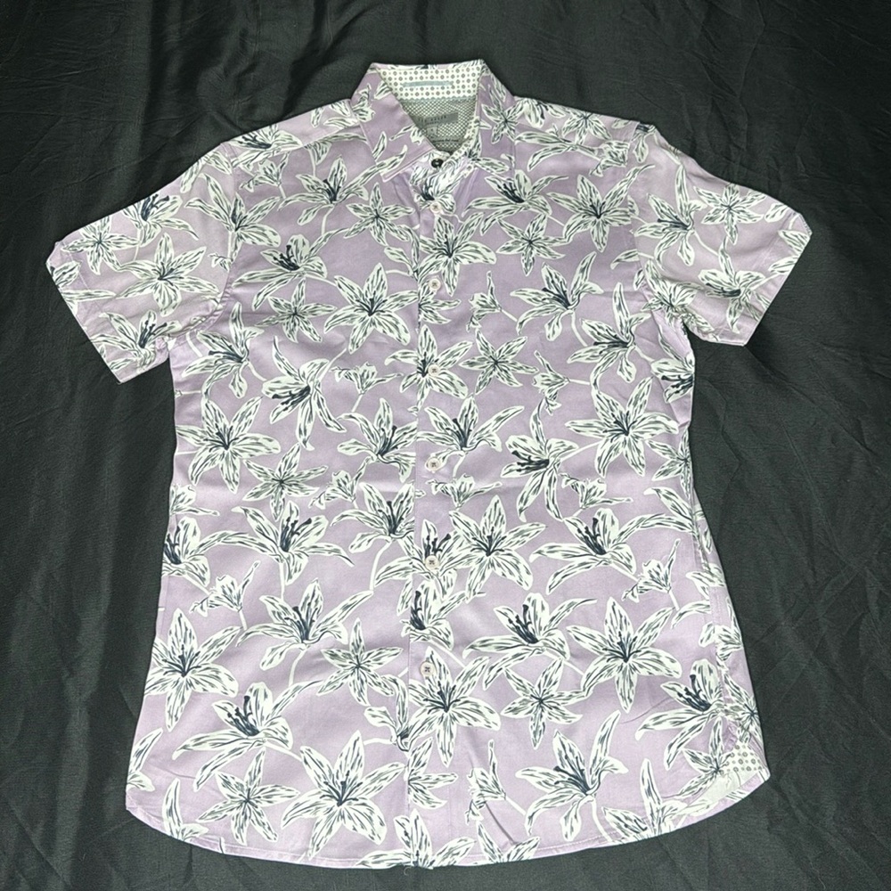 Ted Baker light lilac and blue floral print slim fit button down shirt sleeve S